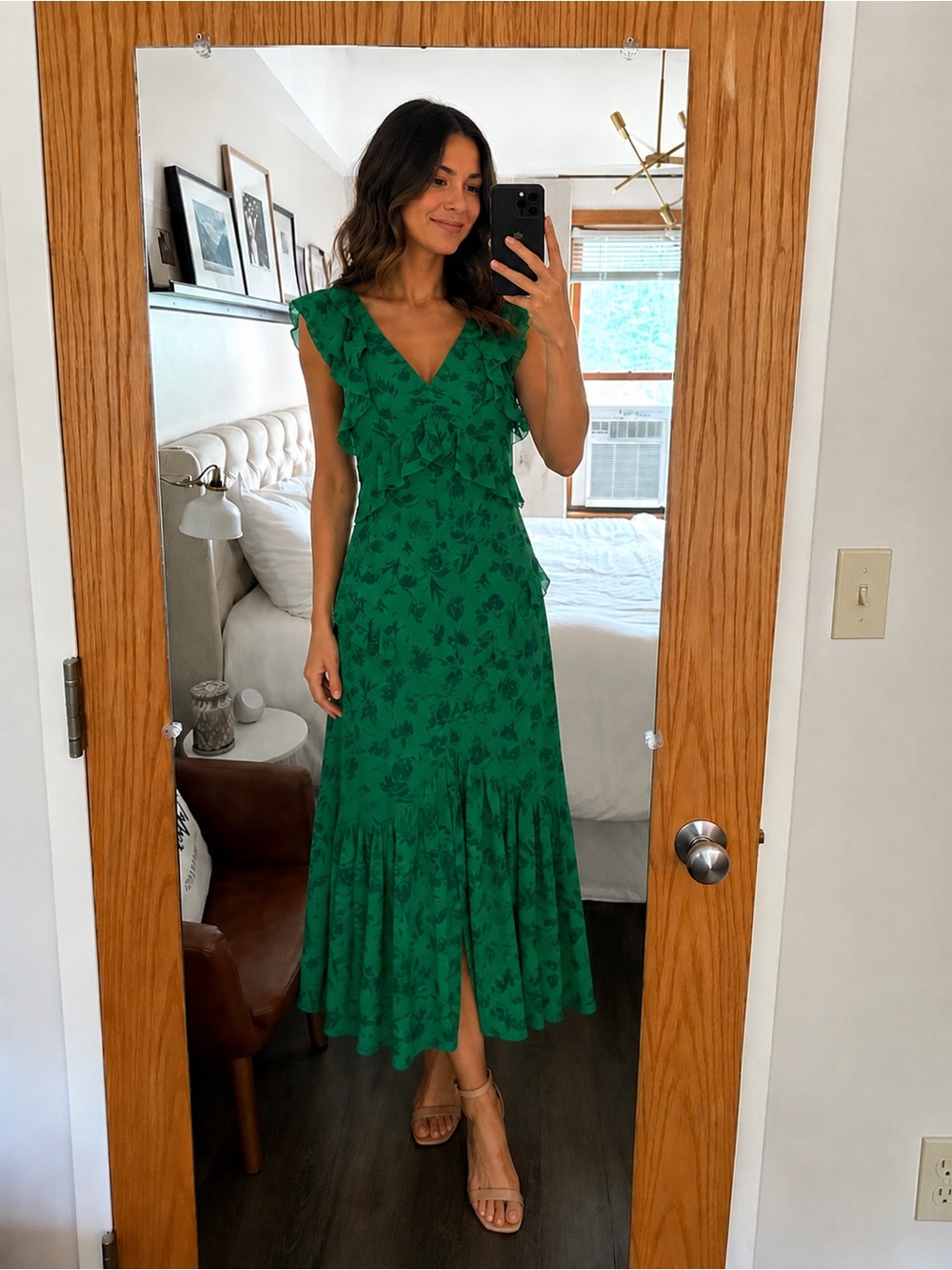 NWT Few Moda Green Floral V-Neck Ruffle Midi Dress Size Small